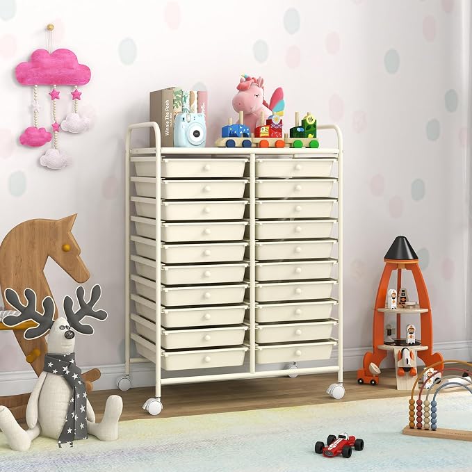 GOFLAME 20-Drawer Rolling Storage Cart, Multifunctional Art Craft Organizer, Mobile Utility Storage with Removable Drawers & Lockable Wheels, Craft Cart for Home Office, White - Image 9