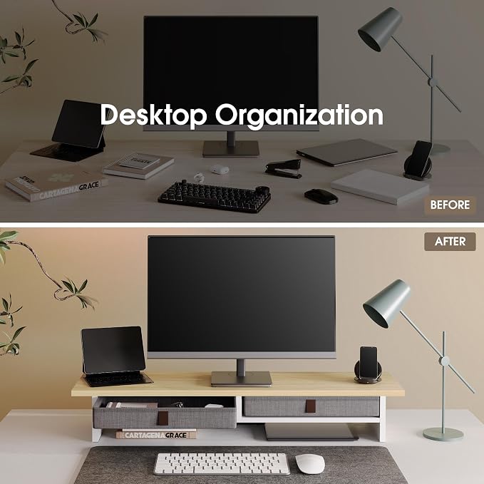 Fenge 35 Inch Monitor Stand with Drawer Storage, Computer Riser for Desk | Wooden Computer Shelf, 2 Tiers, for Dual Monitor/Laptop/PC/TV/Printer up to 55Lbs, Home Office Desk Organizer - Image 7