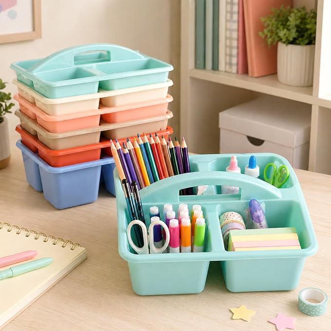gisgfim 6 Pack Plastic Classroom Caddy with 4-Compartments Plastic Storage Caddies with Handle 4 Compartments Table Caddy Organizer Versatile Table Caddies for Classroom Office, Morandi Color - Image 4