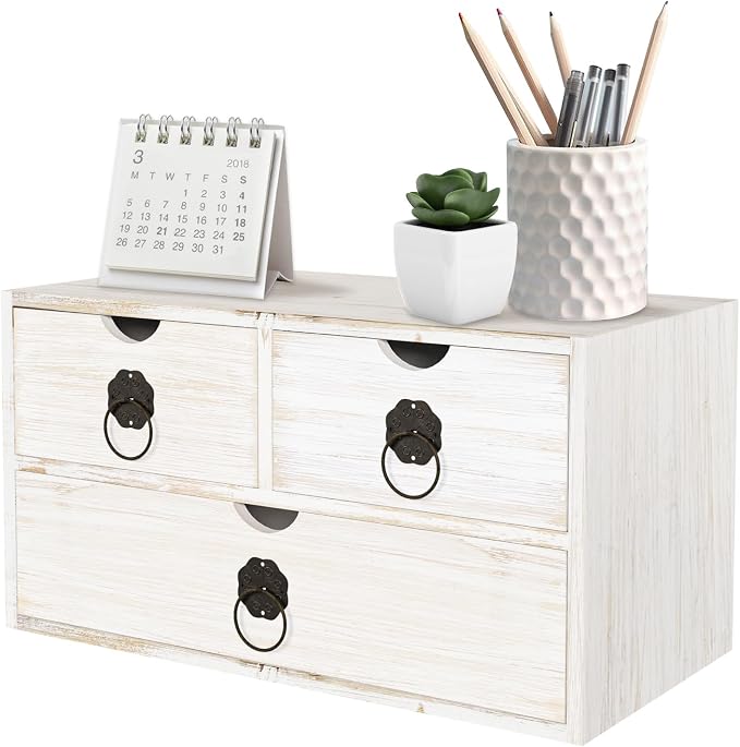 Wood Desk Organizer with Drawer, White Wooden Desktop Organizer, Tabletop Storage Organization Box for Countertop, Home Office Supplies (3 Drawer) by SEEKELEGANT