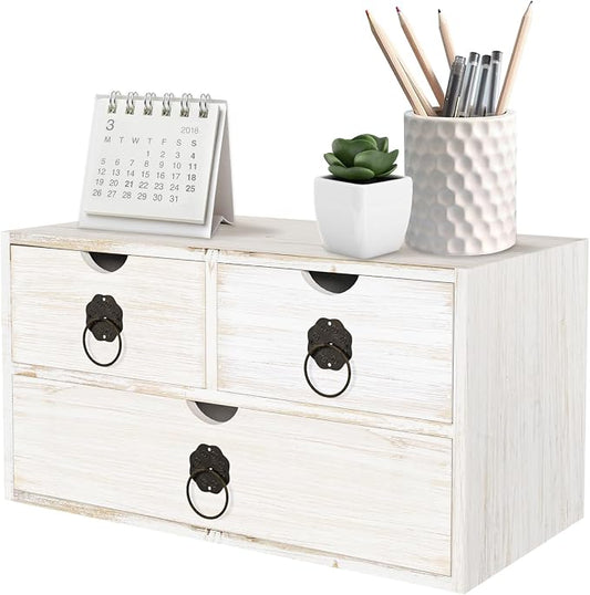 Wood Desk Organizer with Drawer, White Wooden Desktop Organizer, Tabletop Storage Organization Box for Countertop, Home Office Supplies (3 Drawer) by SEEKELEGANT