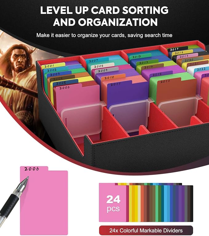 MoKo Trading Card Storage Box for MTG, 3000+ Card Organizer, Black Red | MTG Deck Box, w/ 24 Colorful Dividers & 4 Card Supporters, MTG Card Storage for Magic Game, TCG, PTG Baseball and Sport Cards - Image 5
