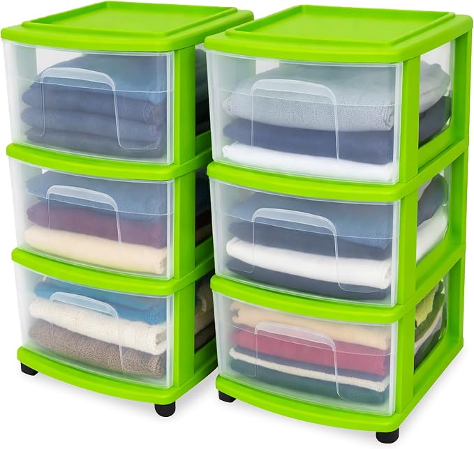 HOMZ 2-Pack Drawer Tower, 3-Tier Clear Plastic Storage Organizer Cart, Bold Lime Frame - Organizing Containers with Wheels for Home, Bathroom, Bedroom, Office, and Classroom by Homz