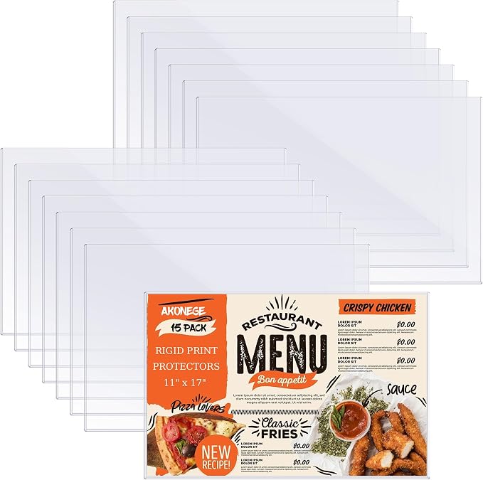 AKONEGE 15Pcs 11" x 17" Rigid Print Protectors Hard Plastic Sleeves for Prints, Menu Cover, Heavy Duty Sheet Poster Protectors Clear Plastic Sleeves for Paper Photos Documents Magazines, Horizontal by AKONEGE