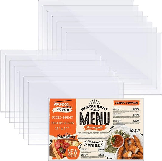 AKONEGE 15Pcs 11" x 17" Rigid Print Protectors Hard Plastic Sleeves for Prints, Menu Cover, Heavy Duty Sheet Poster Protectors Clear Plastic Sleeves for Paper Photos Documents Magazines, Horizontal by AKONEGE
