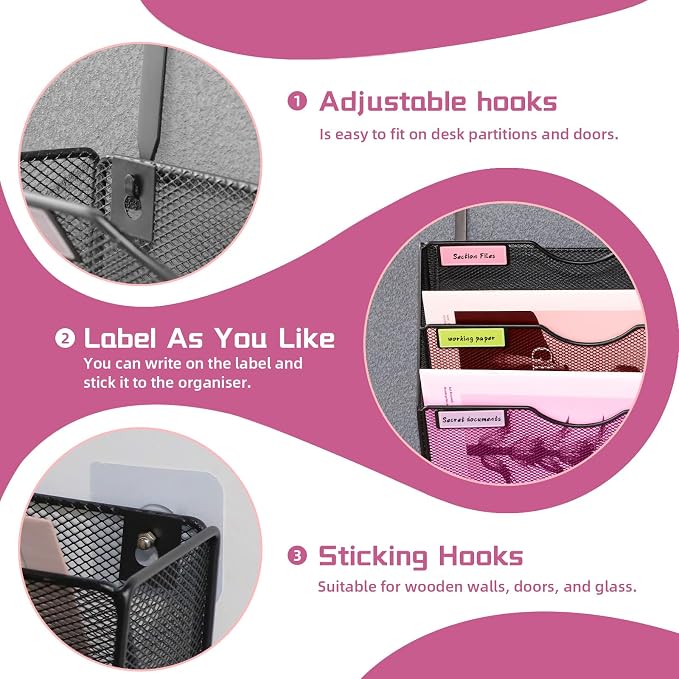 3 Pockets Mesh Wall File Holder Organizer Office Hanging File Folder Magazine Rack, Nametag Label Hooks Set Included (Black) - Image 5