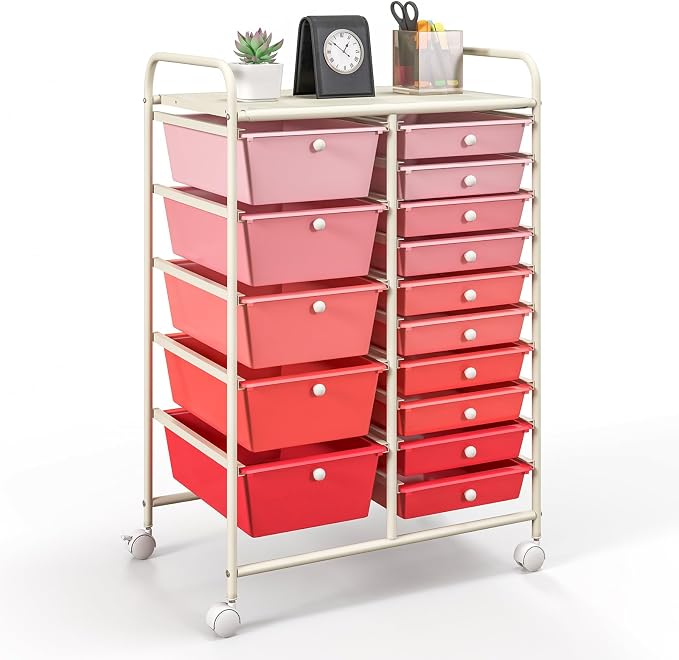 GOFLAME 15-Drawer Rolling Storage Cart, Craft Storage Cart with Removable Drawers & Lockable Wheels, Art Cart Supply Storage Organizer for Home Office Classroom, Pink Gradient by GOFLAME