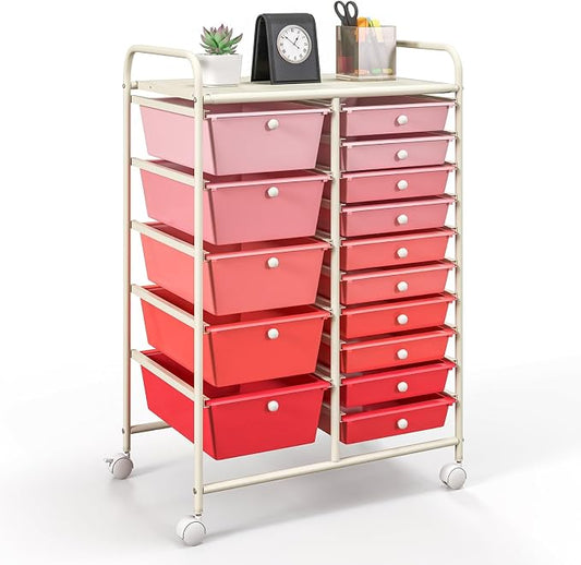 GOFLAME 15-Drawer Rolling Storage Cart, Craft Storage Cart with Removable Drawers & Lockable Wheels, Art Cart Supply Storage Organizer for Home Office Classroom, Pink Gradient by GOFLAME