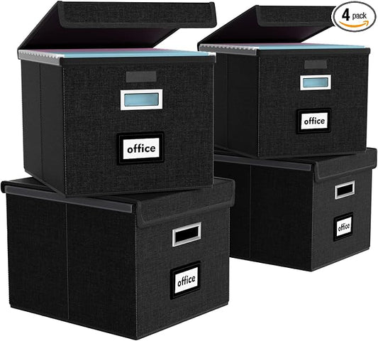File Organizer Box with Lids, Collapsible File Folder Organizer | File Box with Plastic Slides for Office Document Storage, Filing Bin for Letter Size Hanging File Folders (4 Pack, Black) by Huolewa