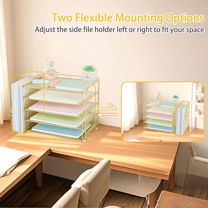 AUPSEN Gold Desk Organizers and Accessories, 5-Tier Desktop Paper File Organizer with Removable File Holder, Desk Accessories & Workspace Organization for Home Office Supplies (Gold) - Image 2