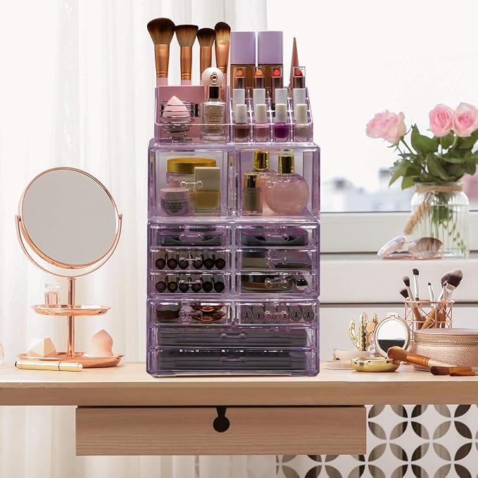 Sorbus Large Makeup Organizer - Clear Stackable Jewelry & Makeup Organizer For Vanity, Bathroom Storage, Dresser - 12 Drawers Cosmetic Beauty Organizers and Storage with Lipstick, Makeup Brush Holder - Image 4