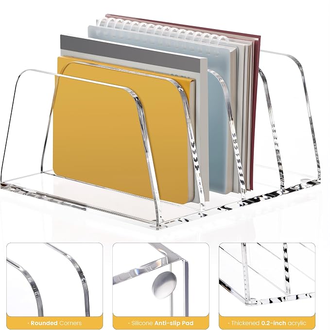 YUXUN Acrylic File Sorter,6.9"x6.6"x3.74",4 Sections Vertical Desk Organizer,Clear Mail Organizer File Holder Stand Rack Desk Accessories for Mail,Envelope,Letter,Notebook for Home/Office/Classroom - Image 7