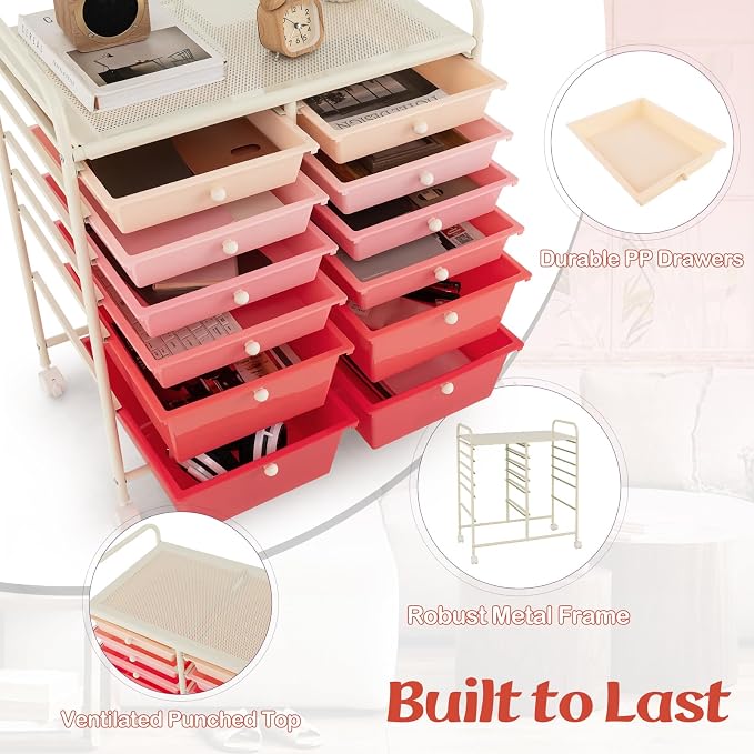 Moccha 12-Drawer Rolling Storage Cart - Utility Cart on Wheels with Lockable Casters for Craft Art Supply Paper Salon, Mobile Drawer Carts for Classroom Teacher School Office (Gradient Pink) - Image 6