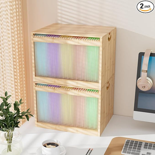 Bamboo Hanging File Organizer, Desktop File Box with Lids, 2 Pack, Natural | Removable Lid, Clear Acrylic Side Panels, 4 Hanging Folders Included, Helps Reduce Dust, Letter & Legal Size, Easy Assembly by LONTAI