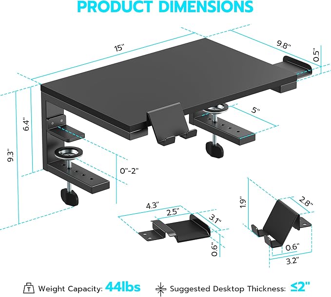 ARES WING Clamp-On 15" 3-in-1 Heavy Duty Desk Shelf Extender Black | Phone Headset holder Clamp Desk Extender Shelf,Desktop Organizer for Gaming and Office Accessories - Image 2