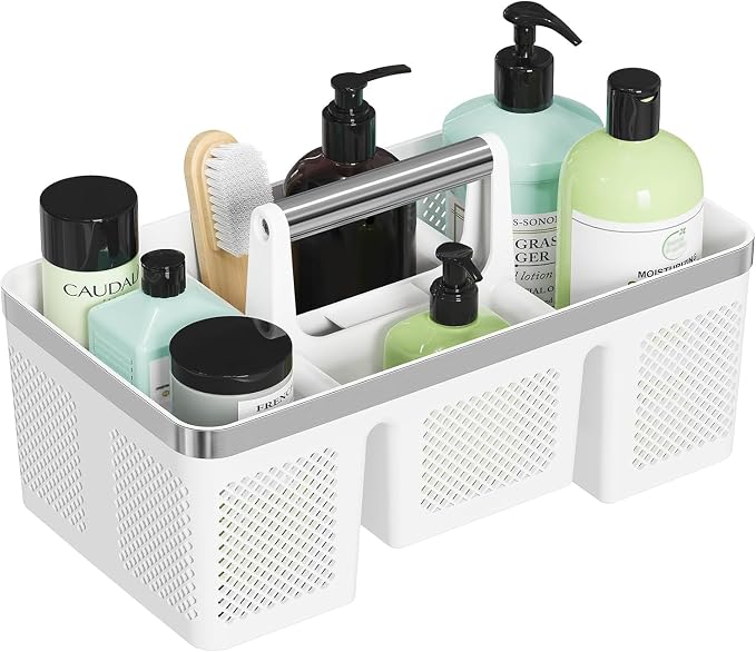 BYUNER Plastic Shower Caddy Dorm: Portable Shower Basket Tote with Handle, 4 Compartments, All-Side Drainage, Hard Bathroom & Cleaning Caddy Organizer for college Dorm Room Essentials, White/Silver by MakesYourHomeMoreOrganized