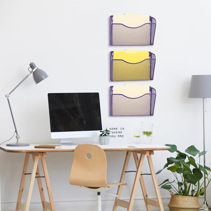 3 Single Pocket Mesh Hanging File Organizer, Vertical Wall Mounted Magazine File Holder, Mount Basket Mail Paper Document Folder Organizing for Office, Home and School, Purple - Image 4