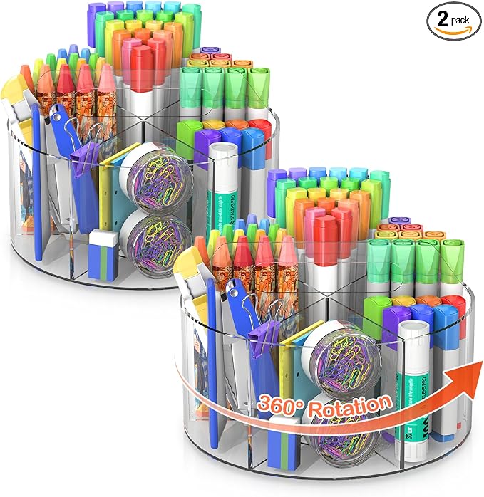 Mefirt Acrylic Pen Holder, 2 Pack 360 Rotating Organizer With 6 Compartments, Desk Office Storage for 800 Pens, Markers, Crayons and Art Supplies by Mefirt