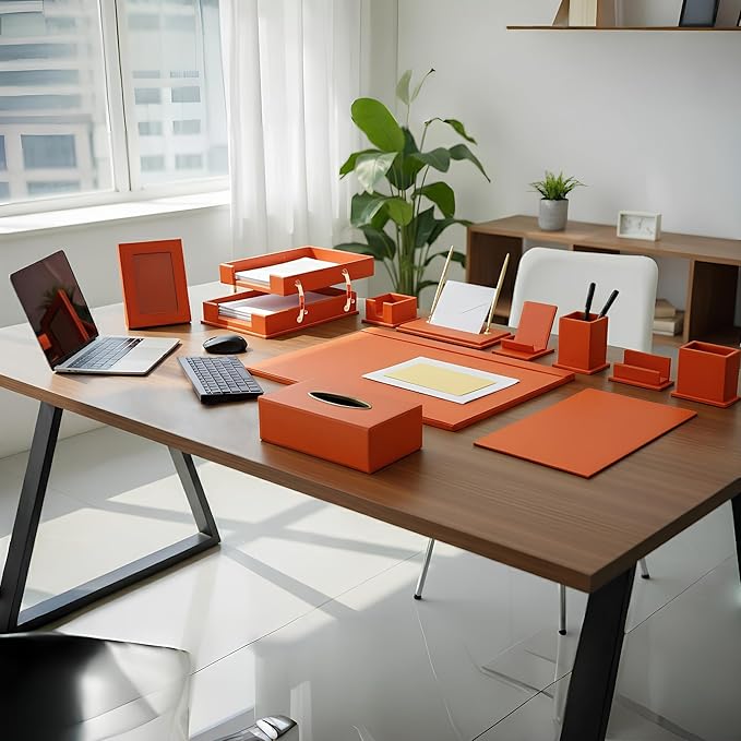 Desk Set, 11-Piece All-in-One – Executive Desk Accessories & Office Supplies, Leather Desk Organizer with Desk Pad, 2-Tier Letter Tray, Luxury Office Desk Decor & Boss Gifts (Orange)