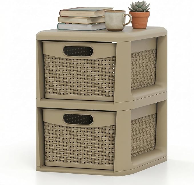 Giantex 2-Drawer Storage Organizer, Plastic Wicker Tower Baskets, Counterop & Under-desk Compact Container Boxes for Office, Bedroom, Bathroom, Living Room, Taupe by Giantex