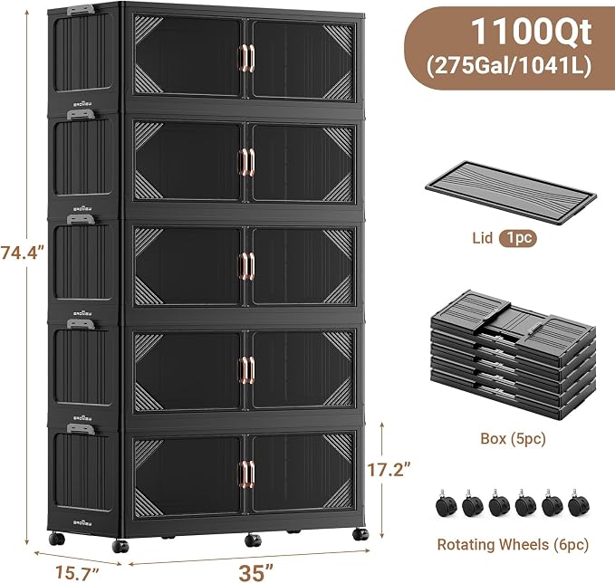 BROVIEW V60 1100QT Plastic Stackable Storage Bins with Lid, 5Pack Black | 275Gal Extra Large Closet Organizers Collapsible Cabinets Boxes With Drawer, Foldable Container with 6x Wheels for Home - Image 2