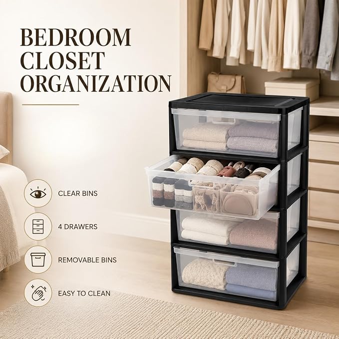 2PCS,4-Drawer Storage Tower, Plastic Organizer with Clear Removable Bins | Clear Removable Bins, Tool-Free Assembly, Integrated Carry Handles, Drawer Stops, BPA-Free Plastic, 4-Drawer Capacity - Image 4