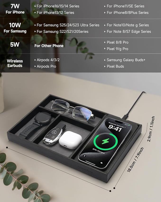 Valet Tray, Built in Wireless Charging Pad, Nightstand Organizer, Two-Toned Premium Vegan Leather Desk Bedside Caddy Organizer Tray for Keys, Watch, Wallet, Jewelry (Black+Gray) - Image 2