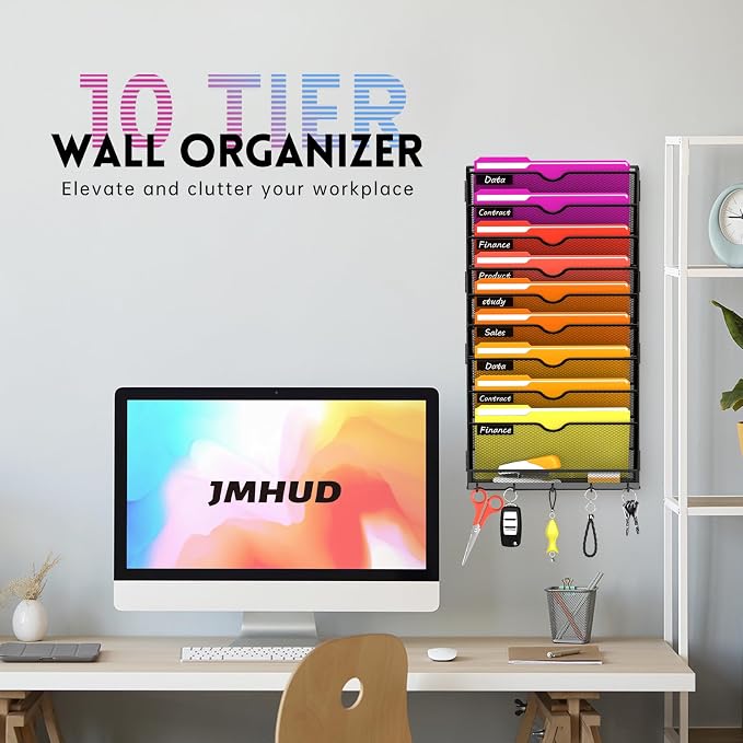 10-Tier Wall File Organizer with Base and Hooks, Hanging Organizer, Black | Wall Organizer and Wall File Holder with 10 Vertical Pockets and Bottom Tray for Files, Mail, Folders, Magazines and Paper - Image 2