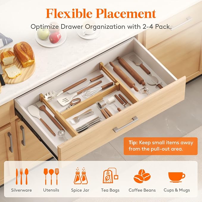 Lifewit 2.4" High 6 Pack Bamboo Drawer Dividers 33-42cm/13-16.5" Adjustable Wooden Drawer Organizer for Clothes/Utensils, Expandable Drawer Separator for Dresser/Kitchen/Bedroom/Office Organization - Image 6