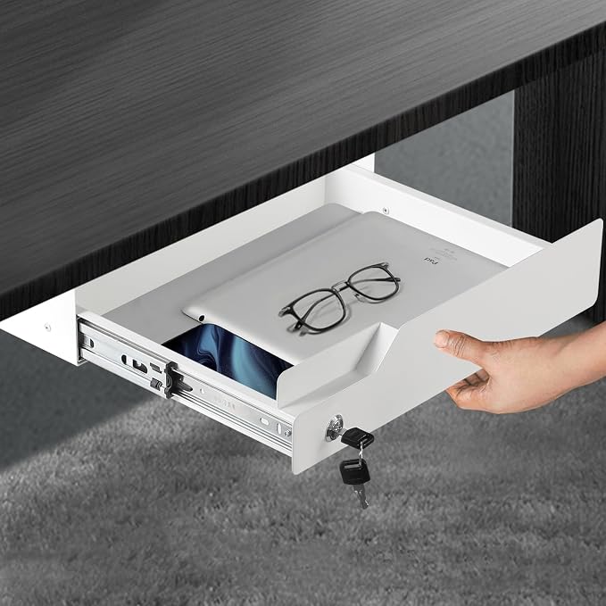 Under Desk Drawer Storage with Lock, Metal Undermount Table Drawer, Ball Bearing Slides Out Tray Organizer for Paper, Pencil, and Laptop 16"x11.8"x3.6", White by CiaoStilista