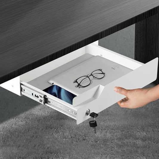 Under Desk Drawer Storage with Lock, Metal Undermount Table Drawer, Ball Bearing Slides Out Tray Organizer for Paper, Pencil, and Laptop 16"x11.8"x3.6", White by CiaoStilista