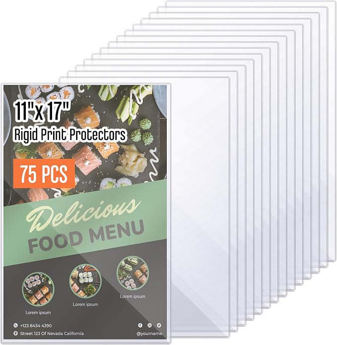 75 Pcs 11" x 17" Rigid Print Protectors, Heavy Duty Hard Plastic Sheet Page Protectors Crystal Menu Holder Clear Poster Sleeve Top Loading Frame for Magazine Photo Paper Poster Prints by Henoyso