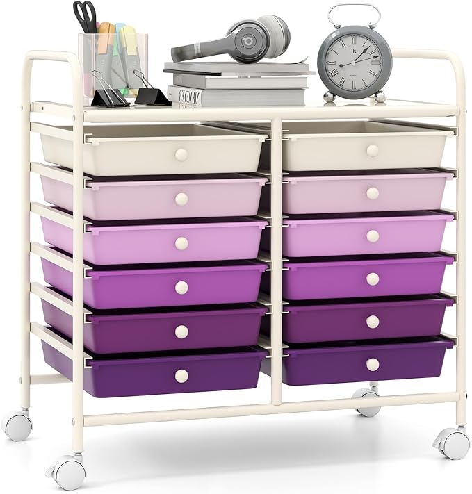 Giantex 12 Drawers Rolling Cart, Mobile Storage Drawer Cart, Classroom Organizer Cart for Office School Supplies Tools Scrapbook Paper Craft Small Printer, Utility Cart on Wheels, Purple Gradient by Giantex