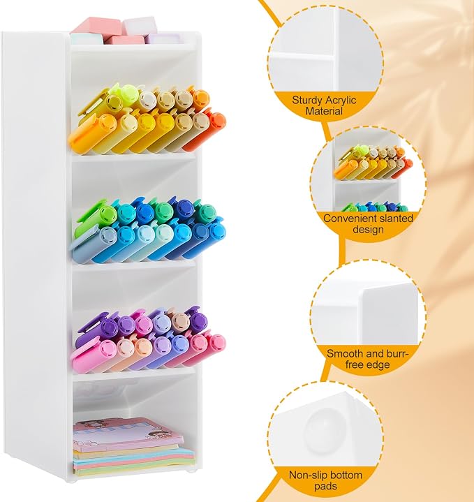 MotiMind Acrylic Pen Organizer Storage for 50 Markers Vertical Marker Organizer Acrylic Pen Display Holder for Office Desk Desktop Stationery Pencil Storage, White, 3.4 x 4 x 10.2 Inch - Image 3