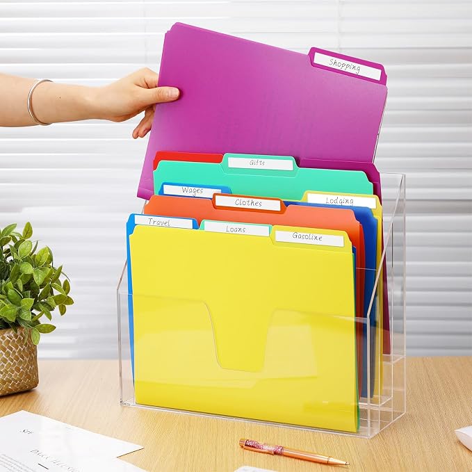 Estune Acrylic Vertical File Organizer, Horizontal Triple File Folder Holder, Paper Desktop Storage, Box for Countertop Office, Includes 12 Pack Folders, 1/3 Cut Tab with Folder Letter Size and Labels - Image 4
