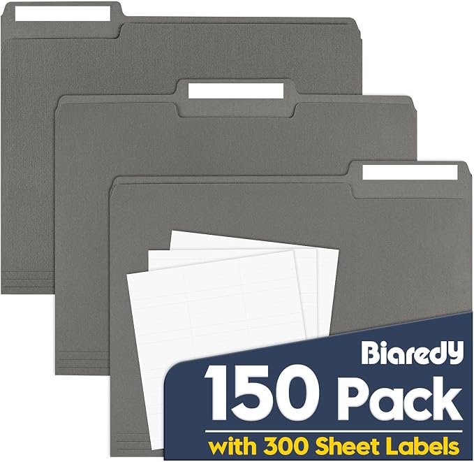 File Folders,Colored File Folders Letter Size,8.5" x 11",150 Pack 1/3 Cut Tab Bulk Folders with Blank Labels,Durable Paper Folders for Office Business School Home Use,Dark Gray by Unknown