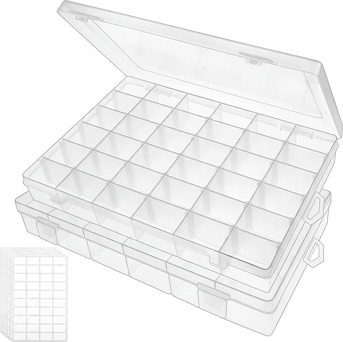 Bead Organizer Storage 2 Pack 36 Grid Jewelry Tackle Craft Box Adjustable | Clear Plastic, Adjustable Dividers, Label Stickers Included, for Beads Jewelry Crafts Fishing Tackle and Small Parts by Outuxed
