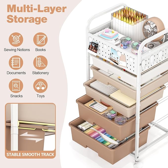 5 Drawer Rolling Storage Cart with Pegboard Top and Hooks, Brown | Mobile Organizer Cart with Wheels for Office Supplies, Craft Storage, Classroom Organization, Home Utility Cart - Image 3