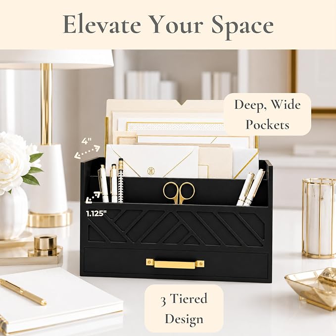 BLU MONACO | Wooden Mail Organizer with Drawer and Gold Handle | Mail Sorter Organizer Countertop for Desk | Outgoing Mail Holder and Letter Sorter for Desk Storage - Image 5