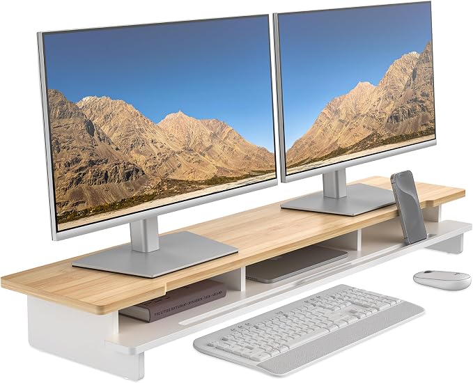 42.5" Dual Monitor Stand Riser with Phone Holder Desk Shelf White | Double Computer Monitor Stand for 55-72" Desk Wood Storage Organizer Cozy Computer Setup Workplace Organizer Keyboard Storage by WELLWENG