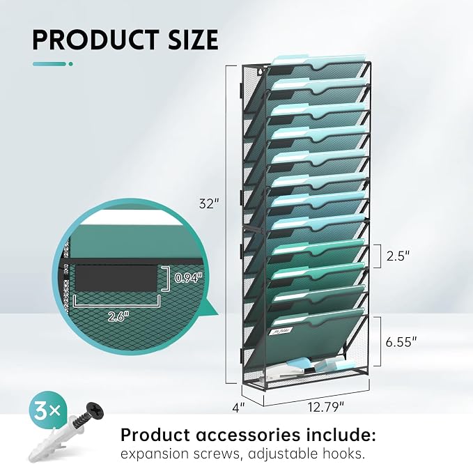 13-Tier Wall File Organizer, Hanging File Holder, Wall Mounted Mail Sorter | Metal Mesh Hanging File Organizer with Open Compartments and Label Panels for Papers and Folders at Home, Office or School - Image 2