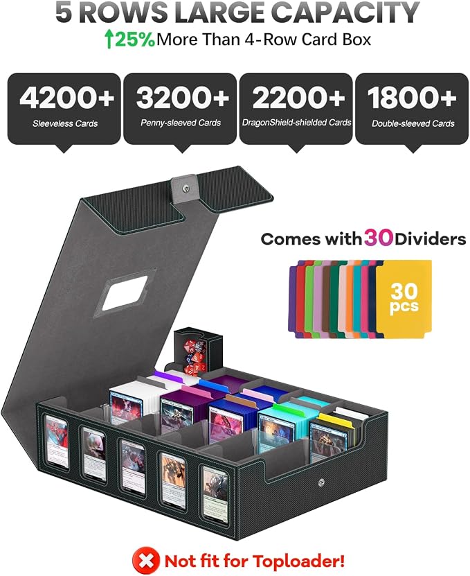 5 Row Trading Card Storage Box, Fit 4200+ Sleeveless Cards, Black & Grey | Large Capacity, Portable Handle, Include 30 Divider, 8 Supporters, 1 Dice Tray, Compatible for MTG/TCG/Magic Sports Cards - Image 2