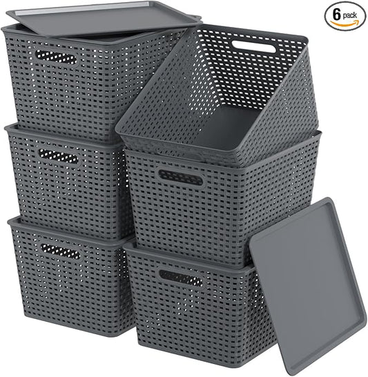 Zopnny Stackable Plastic Storage Baskets with Lids, 20-Qt (6 Pack) | Nesting Storage Bins for Shelves, Drawers, Closet, Classroom, Office, Plastic Stackable Storage Bins, Organizing Basket by Zopnny
