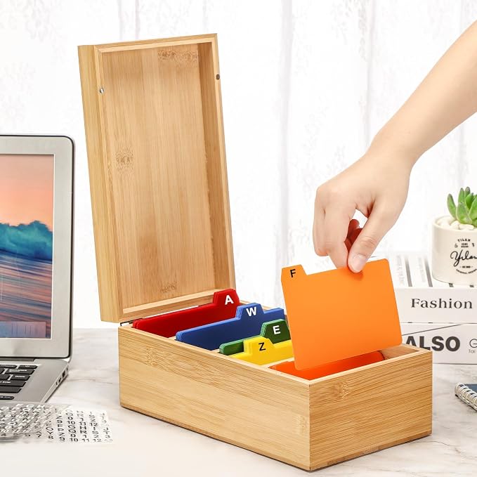 3 x 5 Inch Index Card Holder Set, Bamboo Organizer Box with 50 Dividers & 2 Sheets Alphabet Number Stickers File Note Holders, Holds 1200 Cards for Office Business Home Kitchen, Wooden Color - Image 7