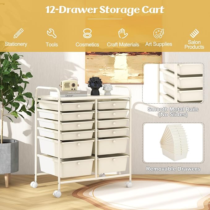 COSTWAY 12-Drawer Rolling Storage Cart, Moveable Art Craft Organizer | Lockable Wheels, Metal Shelf, Files Arrangement Tools Makeup Storage Cart for Office, Home, School (White) - Image 4