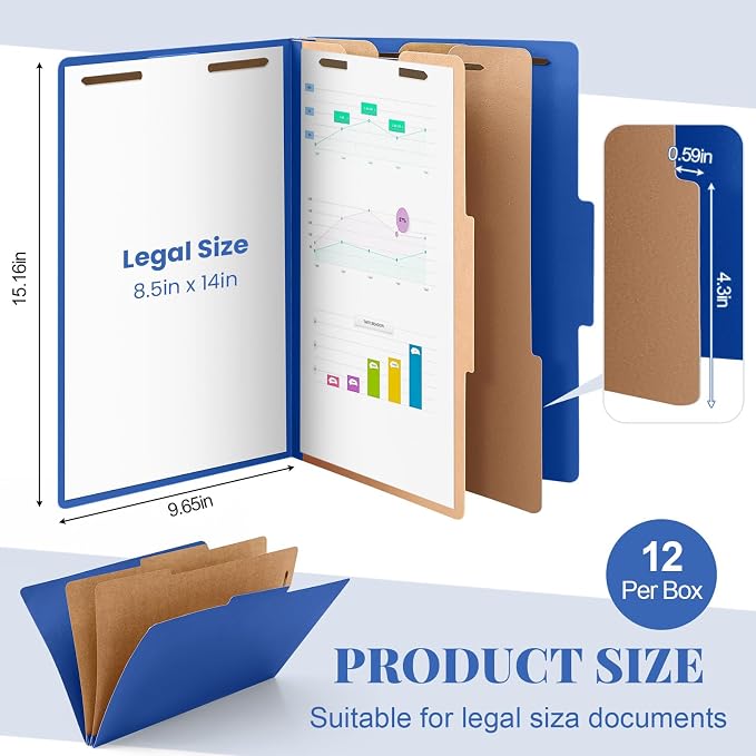 AmazingSpark 12 Pcs Legal Size Classification Folders Bulk 2 Dividers Pressboard File Folder with Expansion 2 Prongs Fastener Heavy Duty Office File Organizer for School Hospitals Home (Dark Blue) - Image 2