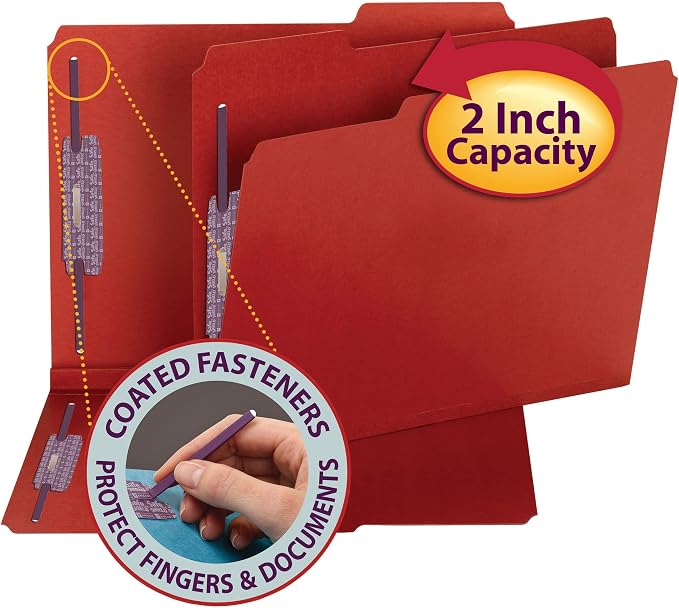 Smead Pressboard Fastener File Folder with SafeSHIELD Fasteners, 2 Fasteners, 1/3-Cut Tab, 2" Expansion, Letter Size, Bright Red, 25 per Box (14936) - Image 4