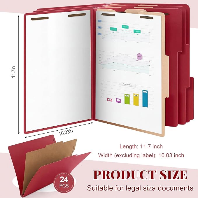 AmazingSpark 24 Pack Red Classification Folders Letter Size, 1 Divider, 1/3-cut Tab, File Folders with Fasteners, Prongs, Expanding File Organizer Bulk for Office Employee, Coworker, Staff - Image 2