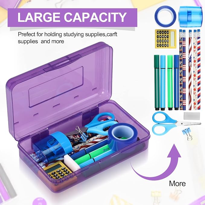 Leelosp 12 Pack Clear Pencil Boxes for School Bulk, Large Plastic Pencil Case with Lid, Stackable Hard Crayon Storage Box for Classroom Kids, Desk Drawer Organizer for Office Home(Purple) - Image 3
