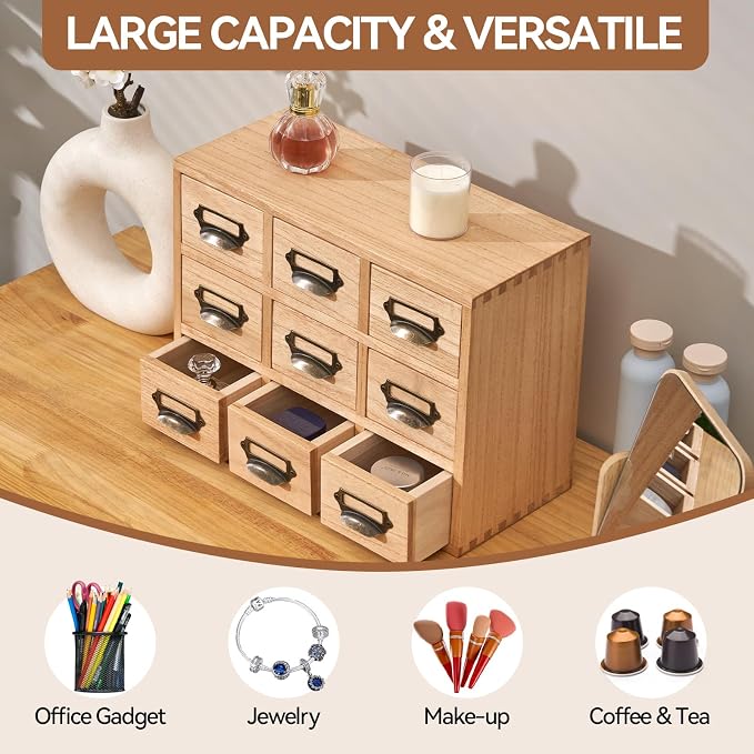 KIRIGEN Wooden Desk Organizer with 9 Drawers, Storage Cabinet, Natural | Solid Wood Desktop Organizer with Metal Label Handles for Office Supplies, Crafts, Tea Bags, Makeup, Fully Assembled - Image 7